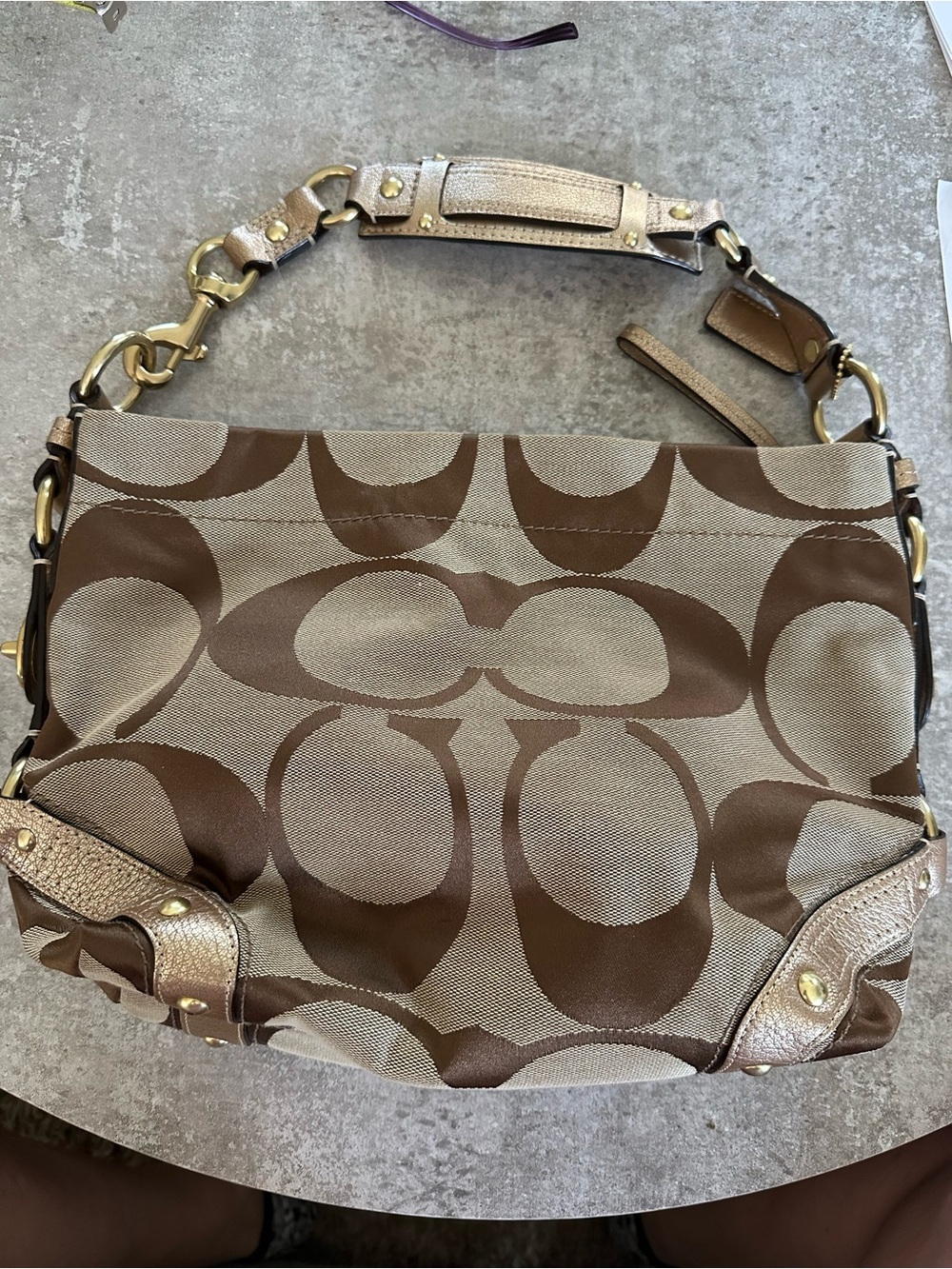 Coach Brown/Tan Signature Shoulder Bag with Gold Hardware